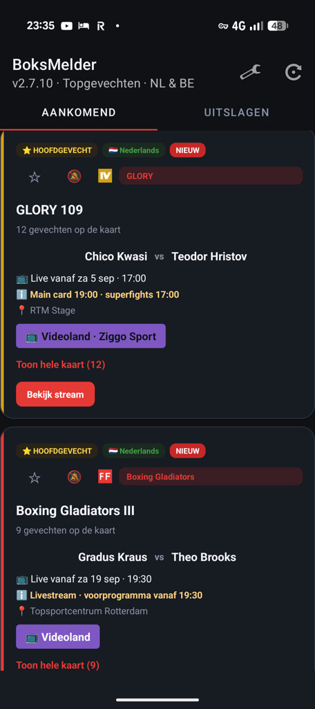 BoksMelder: GLORY 109 en Boxing Gladiators eventkaarten